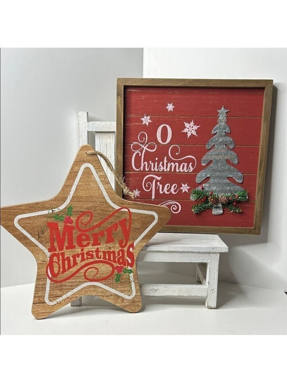 Merry Christmas Star and O Christmas Tree Wall Decor Set - 12”X12”